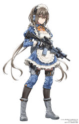 Rule 34 | 1girl, ammunition pouch, apron, assault rifle, black gloves, black hair, black thighhighs, blouse, blue shirt, blue skirt, boots, bow, bowtie, breasts, buckle, camouflage, cleavage, commentary request, copyright notice, ear protection, frilled apron, frilled skirt, frills, full body, gloves, grey footwear, gun, hair between eyes, hashtag, highres, holding, holding weapon, holster, juliet sleeves, knee pads, load bearing vest, long hair, long sleeves, looking at viewer, m4 carbine, maid, maid apron, maid headdress, medium breasts, military, orange bow, orange bowtie, original, parted lips, pinakes, pouch, puffy sleeves, rifle, shirt, sideways glance, simple background, skirt, sleeve cuffs, snap-fit buckle, solo, tachi-e, tactical clothes, tactical maid, thigh pouch, thighhighs, unconventional maid, urban camouflage, v-shaped eyebrows, weapon, white background, yellow eyes