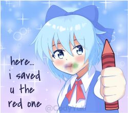 Rule 34 | 1girl, blue background, blue bow, blue dress, blue eyes, blue hair, bow, cirno, closed mouth, codyyuki, collared shirt, commentary, crayon, dress, eating, english commentary, english text, hair between eyes, hair bow, holding, holding crayon, incoming food, incoming gift, incoming object, looking at viewer, medium hair, pinafore dress, pov, puffy short sleeves, puffy sleeves, shirt, short sleeves, simple background, sleeveless, sleeveless dress, solo, touhou, upper body, white shirt