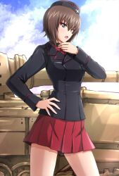 Rule 34 | 1girl, black hat, black jacket, blue sky, brown eyes, brown hair, cloud, cloudy sky, commentary, cowboy shot, day, dress shirt, frown, garrison cap, girls und panzer, hand on own hip, hand on own throat, hat, highres, insignia, jacket, kuromorimine military uniform, long sleeves, looking at viewer, military hat, military uniform, military vehicle, miniskirt, motor vehicle, nishizumi maho, omachi (slabco), open mouth, outdoors, pleated skirt, red shirt, red skirt, shirt, short hair, skirt, sky, solo, standing, tank, throat microphone, tiger i, uniform, wing collar