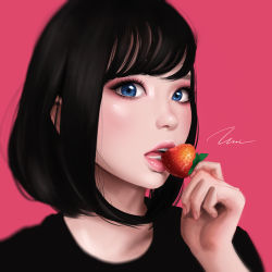 Rule 34 | 1girl, artist name, black hair, black shirt, blue eyes, commentary, commentary request, english commentary, eyelashes, eyeshadow, food, fruit, hand up, holding, holding food, holding fruit, lips, looking at viewer, makeup, nail polish, nose, open mouth, original, parted lips, pink background, pink nails, portrait, shirt, short hair, signature, simple background, solo, strawberry, swept bangs, teeth, tongue, umigraphics, watermark