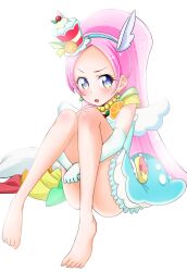 Rule 34 | 1girl, animal ears, bare shoulders, barefoot, berry, blush, chinese commentary, choker, cure parfait, dress, earrings, elbow gloves, feet, food, food-themed hair ornament, fruit, fuyuzora, gloves, hair ornament, headband, highres, horse ears, jewelry, kirakira precure a la mode, kiwi (fruit), leaf, lemon, long hair, looking at viewer, multicolored eyes, open mouth, orange (fruit), parfait, pearl choker, pearl earrings, pink hair, ponytail, precure, simple background, sitting, solo, strapless, strapless dress, toes, white background, white gloves, white wings, wings
