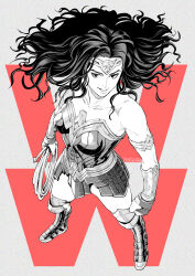 Rule 34 | 1girl, absurdres, bare shoulders, black hair, circlet, collarbone, dated, dc comics, floating hair, from above, full body, grey background, greyscale, highres, lasso, leotard, long hair, masutatsu novuo, monochrome, muscular, muscular female, signature, simple background, solo, spot color, standing, strapless, strapless leotard, superhero costume, wonder woman