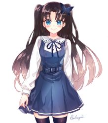Rule 34 | 1girl, alternate costume, arm behind back, belt, black hair, black thighhighs, blue eyes, blue ribbon, blush, byulrorqual, closed mouth, cowboy shot, cross, fate/stay night, fate (series), hair ribbon, highres, long hair, long sleeves, looking at viewer, neck ribbon, parted bangs, ribbon, shirt, signature, simple background, smile, solo, thighhighs, tohsaka rin, twintails, two side up, very long hair, white background, white shirt, zettai ryouiki