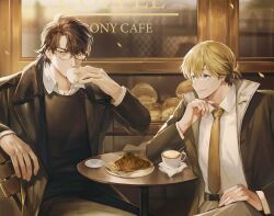 Rule 34 | 2boys, absurdres, belt, black coat, black sweater, blonde hair, blue eyes, boony2789, bread, brown hair, cafe, chair, coat, croissant, cup, drinking, elbow on table, facial hair, food, glasses, hand on own knee, highres, hot chocolate, light smile, long hair, male focus, multiple boys, necktie, original, shirt, short hair, sitting, stubble, sweater, table, teacup, white shirt
