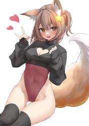 Rule 34 | 1girl, akiki (kiki), animal ear fluff, animal ears, annytf, arm up, black gloves, black sweater, black thighhighs, blush, breasts, brown eyes, brown hair, cleavage, cleavage cutout, clothing cutout, commission, covered navel, fang, fingerless gloves, fox ears, fox girl, fox shadow puppet, fox tail, gloves, gluteal fold, groin, hair ornament, heart, highleg, highleg leotard, indie virtual youtuber, leotard, leotard under clothes, long hair, nail polish, no pants, open mouth, red leotard, shadow puppet, side ponytail, sitting, skeb commission, smile, solo, star (symbol), star hair ornament, sweater, tail, thighhighs, thighs, virtual youtuber