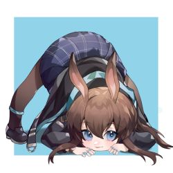 Rule 34 | 1girl, absurdres, amiya (arknights), animal ears, anklet, arknights, brown hair, chinese commentary, commentary request, highres, jack-o&#039; challenge, jewelry, long hair, multiple rings, pantyhose, plaid, plaid skirt, rabbit ears, rabbit girl, ring, sidelocks, skirt, solo, tabayashi, thumb ring, tongue, tongue out