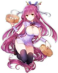Rule 34 | 1girl, absurdly long hair, bamboo steamer, baozi, black thighhighs, blunt bangs, breasts, brown eyes, china dress, chinese clothes, cleavage cutout, clothing cutout, covered navel, dress, food, full body, hair ornament, hair stick, large breasts, legs up, long hair, one side up, original, purple hair, sandals, shirako miso, simple background, solo, swept bangs, thighhighs, very long hair, wristband