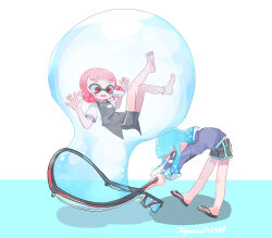 Rule 34 | 2girls, apron, artist name, bike shorts, black apron, black footwear, black shorts, blue hair, blue jacket, blunt bangs, blush, blush stickers, bubble, bubble blower (splatoon), blowing bubbles, bubble wand, closed eyes, commentary request, fangs, feet, gradient hair, highres, holding, iguana152588, in bubble, inkling, inkling girl, inkling player character, jacket, long hair, long sleeves, looking at another, multicolored hair, multiple girls, name tag, nintendo, open mouth, pink hair, pointy ears, red eyes, red hair, sandals, shirt, short hair, short shorts, short sleeves, shorts, sidelocks, simple background, splatoon (series), splatoon 2, standing, t-shirt, tentacle hair, toes, white background, white shirt
