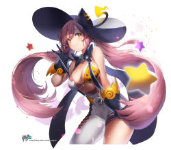 Rule 34 | 1girl, absurdly long hair, absurdres, artist name, black gloves, black hat, blush, breasts, brown eyes, cleavage, closed mouth, gloves, hat, highres, kyjsogom, large breasts, long hair, looking at viewer, original, pink hair, pixiv username, skull, smile, solo, star (symbol), twintails, v, very long hair, watermark, web address