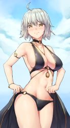 Rule 34 | 1girl, ahoge, armband, armpits, bikini, black bikini, blush, bracelet, breasts, chain, cleavage, cloud, cloudy sky, cowboy shot, fate/grand order, fate (series), gold chain, groin, jeanne d&#039;arc (fate), jeanne d&#039;arc alter (avenger) (fate), jeanne d&#039;arc alter (fate), jeanne d&#039;arc alter (festival outfit) (fate), jewelry, large breasts, light smile, looking at viewer, navel, necklace, o-ring, o-ring bikini, official alternate costume, sarhce, sarong, unworn sarong, short hair, sky, solo, swimsuit, white hair, yellow eyes