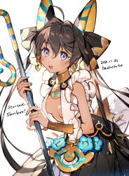 Rule 34 | 1girl, ahoge, artist name, bastet (mythology), breasts, cleavage, dark skin, dated, egyptian mythology, english text, hachihito, highres, long hair, looking at viewer, medium breasts, open mouth, original, purple eyes, simple background, solo, staff, tan, teeth, twintails, upper teeth only, very long hair, white background