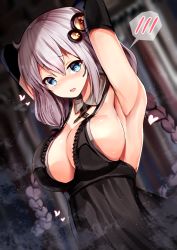 Rule 34 | 1girl, :d, armpits, arms behind back, arms up, black dress, blue eyes, blurry, blurry background, blush, braid, breasts, cleavage, depth of field, detached collar, detached sleeves, dress, dutch angle, frilled dress, frills, hair ornament, heart, highres, indoors, kizuna akari, large breasts, long hair, looking at viewer, nose blush, open mouth, se-u-ra, silver hair, sleeveless, sleeveless dress, smile, solo, speech bubble, spoken blush, twin braids, very long hair, vocaloid, voiceroid