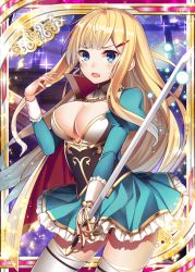 Rule 34 | 1girl, :o, aqua dress, blonde hair, blue eyes, breasts, cape, chain, dress, hair ornament, holding, holding weapon, large breasts, long hair, looking at viewer, official art, open mouth, ray-akila, red cape, shinkai no valkyrie, surprised, sword, thighhighs, underwear, weapon