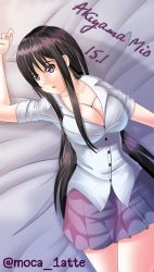 Rule 34 | 1girl, absurdres, akiyama mio, bed, black hair, breasts, cleavage, highres, k-on!, long hair, looking at viewer, moca 1atte, on bed, pleated skirt, school uniform, shirt, skirt, solo, tagme, white shirt