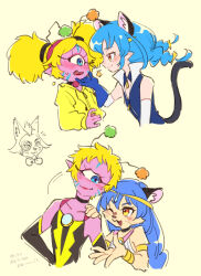 Rule 34 | 1boy, 2girls, ;3, ;d, aged up, alien, animal ear fluff, animal ears, antennae, armlet, bakenyan (precure), bare shoulders, black choker, black tail, blonde hair, blue eyes, blue gloves, blue hair, blush, body fur, bow, bowtie, bracelet, braid, cat ears, cat girl, cat tail, choker, circlet, closed mouth, collarbone, colored skin, cyclops, drawstring, extra ears, eye contact, eyelashes, eyewon (precure), facial mark, flat chest, furry, furry female, furry male, gloves, hairband, hand on another&#039;s chin, hand on another&#039;s shoulder, high collar, highres, jewelry, long hair, long sleeves, looking at another, monocle, motion lines, multiple girls, multiple persona, no eyebrows, one-eyed, one eye closed, open mouth, pink hairband, pink skin, pointy ears, precure, red lips, short hair, simple background, smile, star twinkle precure, tail, tail raised, translation request, twin braids, twintails, ukata, very short hair, whiskers, yellow background, yellow eyes, yuni (precure), yuni (rainbow form) (precure)