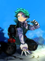 Rule 34 | 1boy, blush, bodysuit, boku no hero academia, commentary, day, elbow gloves, energy, freckles, gloves, green bodysuit, green eyes, green hair, hand on ground, hand up, highres, hood, hooded bodysuit, looking to the side, male focus, mask, midoriya izuku, mouth mask, on one knee, outdoors, serious, short hair, sky, solo, suzumetarou, white gloves