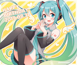 Rule 34 | 1girl, :d, aqua eyes, aqua hair, black skirt, black sleeves, black thighhighs, blush, dated, detached sleeves, feet out of frame, hair between eyes, happy birthday, hatsune miku, headset, long hair, looking at viewer, necktie, number tattoo, open mouth, pleated skirt, sitting, skirt, smile, snowmi, solo, steepled fingers, striped, striped background, tattoo, thighhighs, twintails, twitter username, very long hair, vocaloid, yellow background