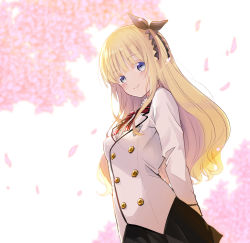 Rule 34 | 1girl, arm behind back, black ribbon, black skirt, blazer, blonde hair, blue eyes, blurry, blurry background, blush, bow, breasts, cherry blossoms, closed mouth, commentary request, depth of field, dutch angle, flower, hair ribbon, highres, jacket, juliet persia, kishuku gakkou no juliet, long hair, long sleeves, looking at viewer, natsupa, petals, pink flower, pleated skirt, red bow, ribbon, school uniform, skirt, small breasts, smile, solo, striped, striped bow, very long hair, white background, white jacket