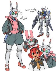 Rule 34 | 2girls, animal hood, asticassia school uniform, clothed robot, drawstring, english text, green eyes, green jacket, green shorts, gundam, gundam aerial, gundam suisei no majo, hair between eyes, hairband, hands on another&#039;s shoulders, highres, hood, hoodie, humanoid robot, jacket, joints, layered clothes, mecha, mobile suit, multiple girls, multiple views, no mouth, open clothes, open jacket, peco2057, pink hoodie, rabbit hood, red hair, reference inset, robot, robot girl, robot joints, school uniform, short hair, shorts, siblings, simple background, sisters, sketch, suletta mercury, white background