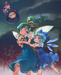 Rule 34 | 4girls, blonde hair, blue eyes, blue hair, bow, grabbing another&#039;s breast, cirno, daiyousei, dress, grabbing, green eyes, green hair, hair bow, long hair, md5 mismatch, multiple girls, mystia lorelei, open mouth, ribbon, rumia, short hair, side ponytail, touhou, wings, yst
