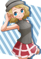Rule 34 | 1girl, absurdres, blonde hair, blue eyes, blush, breasts, commentary request, creatures (company), eyelashes, game freak, grey hat, grin, hand up, hat, highres, looking to the side, medium breasts, medium hair, nintendo, pleated skirt, pokemon, pokemon (anime), pokemon journeys, pokemon swsh105, red skirt, refisa, serena (pokemon), skirt, smile, solo, sweater vest, teeth, thighhighs