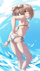 Rule 34 | 1girl, arthur ko, ass, bikini, breasts, commission, double bun, feet out of frame, from behind, hair bun, halterneck, kantai collection, light brown hair, looking at viewer, looking back, michishio (kancolle), open mouth, pixiv commission, short hair, short twintails, side-tie bikini bottom, small breasts, solo, standing, string bikini, swimsuit, twintails, white bikini