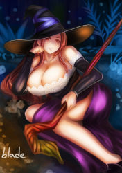 Rule 34 | 1girl, bare shoulders, breasts, cleavage, detached sleeves, dragon&#039;s crown, dress, hat, huge breasts, looking at viewer, qblade, red eyes, revision, side slit, sitting, smile, solo, sorceress (dragon&#039;s crown), staff, strapless, strapless dress, witch hat