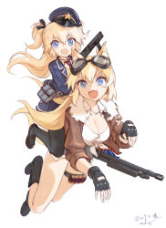 Rule 34 | 2girls, animal ears, artist name, black gloves, black legwear, blonde hair, blue eyes, blue skirt, breasts, cleavage, collarbone, dated, dog ears, dog tags, fang, fingerless gloves, girls&#039; frontline, gloves, goggles, goggles on head, gun, hair ribbon, hat, highres, holding, holding gun, holding weapon, jacket, kisetsu, large breasts, long hair, long sleeves, m500 (girls&#039; frontline), mossberg 500, multiple girls, necktie, open clothes, open jacket, open mouth, pantyhose, peaked cap, pleated skirt, police hat, pump action, red neckwear, ribbon, riding, serbu super-shorty, shirt, shorts, shotgun, signature, simple background, skirt, smile, super-shorty (girls&#039; frontline), tied shirt, two side up, weapon, white background, white shirt