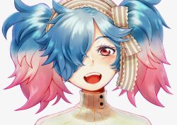 Rule 34 | 1girl, blue hair, commentary request, fire emblem, fire emblem fates, gradient hair, hair over one eye, highres, howaito gyuunyuu, multicolored hair, nintendo, open mouth, peri (fire emblem), pink hair, portrait, red eyes, solo, teeth, turtleneck, twintails, two-tone hair, upper teeth only