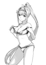 Rule 34 | 1girl, breasts, chin bell, closed mouth, collarbone, contrapposto, core crystal (xenoblade), glimmer (xenoblade), greyscale, high ponytail, highres, large breasts, long hair, looking at viewer, monochrome, navel, simple background, smile, solo, standing, very long hair, white background, xenoblade chronicles (series), xenoblade chronicles 3, xenoblade chronicles 3: future redeemed