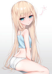 Rule 34 | 1girl, bare arms, bare legs, bare shoulders, blonde hair, blue camisole, blue eyes, blush, breasts, camisole, child, closed mouth, commentary request, crop top, gradient background, grey background, hair between eyes, head tilt, highres, kanju, long hair, looking at viewer, looking to the side, original, panties, polka dot, polka dot panties, sitting, small breasts, solo, underwear, underwear only, very long hair, wariza, white background, white panties