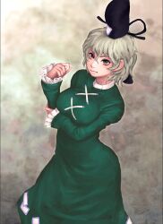 Rule 34 | 1girl, arm under breasts, blurry, breasts, closed mouth, depth of field, dress, envenomist (gengoroumaru), feet out of frame, frills, from above, green dress, green eyes, grey hair, hair between eyes, hand up, hat, highres, large breasts, long sleeves, short hair, sleeves past wrists, soga no tojiko, solo, standing, tate eboshi, touhou