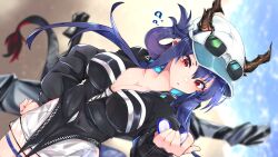 Rule 34 | 1girl, ?, ??, absurdres, arknights, baseball cap, black jacket, blue hair, blue sky, breasts, ch&#039;en (arknights), ch&#039;en the holungday (arknights), cleavage, commentary request, cowboy shot, day, dragon horns, folded ponytail, hair between eyes, hat, highres, holding, horns, horns through headwear, jacket, kurarome, large breasts, long hair, long sleeves, parted lips, red eyes, sky, solo, standing, white hat