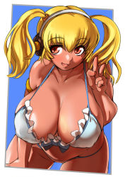Rule 34 | 1girl, bad id, bad pixiv id, bikini, blonde hair, blush, breasts, cleavage, dri (drinker-dor), covered erect nipples, headphones, highres, huge breasts, leaning forward, looking at viewer, navel, nitroplus, open mouth, orange eyes, plump, short hair, smile, solo, super pochaco, swimsuit, tan, twintails, v