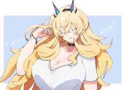 Rule 34 | 1girl, blonde hair, breasts, choker, citron80citron, cleavage, closed eyes, collarbone, dress, barghest (fate), fate/grand order, fate (series), horns, huge breasts, long hair, looking at viewer, short sleeves, smile, solo, white dress