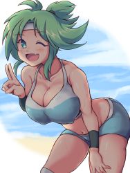 Rule 34 | 100 percent orange juice, 1girl, ;d, ahoge, alicianrone, alternate costume, beach, bike shorts, blurry, blush, breasts, cleavage, covered erect nipples, cowboy shot, fang, green eyes, green hair, hand on own thigh, happy, headband, highres, large breasts, leaning forward, looking at viewer, medium hair, midriff, miusaki (orange juice), navel, nisemono faker, one eye closed, open mouth, outdoors, parted bangs, scrunchie, short ponytail, sidelocks, smile, solo, sports bra, sportswear, sweat, thighs, v, white headwear, wink, wristband