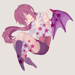 Rule 34 | 00s, androgynous, bat wings, boots, collarbone, frills, full body, gender request, lady bat, long hair, looking at viewer, lowres, mermaid melody pichi pichi pitch, open mouth, outstretched arm, pointy ears, ponytail, purple eyes, red hair, simple background, smile, solo, start, v-neck, wings, yaku monmon