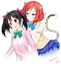 Rule 34 | !?, 10s, 2014, 2girls, animal ears, bad id, bad twitter id, black hair, blush, bow, cat ears, cat tail, cutie panther, dated, hair bow, heart, licking lips, looking at another, love live!, love live! school idol project, multiple girls, narrowed eyes, nishikino maki, open mouth, otonokizaka school uniform, panther ears, panther tail, pink sweater, purple eyes, red eyes, red hair, school uniform, signature, skirt, surprised, suzume miku, sweater, tail, tongue, tongue out, twintails, yazawa nico, yuri
