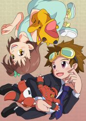 Rule 34 | 1boy, 1girl, digimon, goggles, goggles on head, katou juri, looking at another, matsuda takato, puppet, smile