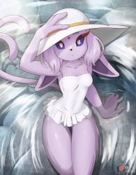 Rule 34 | 1girl, animal ears, animal nose, artist name, breasts, closed mouth, clothing request, collarbone, colored sclera, commentary, creatures (company), english commentary, espeon, forehead jewel, forked tail, furry, furry female, game freak, gen 2 pokemon, hand on headwear, long hair, looking at viewer, looking up, medium breasts, nintendo, original, partially submerged, patreon username, personification, pokemon, pokemon (creature), purple fur, purple hair, purple sclera, rilex lenov, sitting, solo, tail, tamaki (rilex lenov), water, white eyes, white headwear