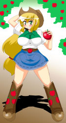 Rule 34 | 1girl, akasode (tyaramu), apple, applejack, blonde hair, boots, breasts, cowboy hat, food, fruit, green eyes, hat, highres, large breasts, looking at viewer, my little pony, my little pony: equestria girls, my little pony: friendship is magic, personification, smile, solo