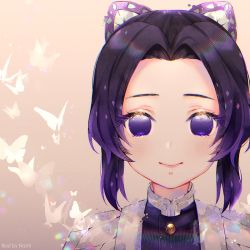 Rule 34 | 1girl, artist name, black hair, black jacket, blush, brown background, bug, butterfly, butterfly hair ornament, closed mouth, commentary, forehead, gradient hair, hair ornament, insect, jacket, kimetsu no yaiba, kochou shinobu, looking at viewer, multicolored hair, nami (nyaa), open clothes, parted bangs, portrait, purple eyes, purple hair, short hair, smile, solo