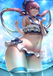 Rule 34 | 1girl, bare shoulders, bikini, blue bikini, blue bow, blue choker, blue hair, blue nails, blue ribbon, blue sky, blush, bow, bow bra, bra, braid, breasts, choker, cleavage, clenched hands, collarbone, colored eyepatch, colored tips, dutch angle, eyepatch, frilled bikini, frills, from below, frown, gluteal fold, hair between eyes, hair bow, hair ribbon, hololive, kos-owl, large breasts, long hair, looking ahead, minato aqua, multicolored hair, nail polish, navel, outdoors, parted lips, partially submerged, purple eyes, purple hair, ribbon, sidelocks, skindentation, sky, solo, standing, stomach, streaked hair, sun, sunlight, swimsuit, thigh strap, twintails, two-tone bikini, two-tone hair, underwear, very long hair, virtual youtuber, water, water drop, white bikini