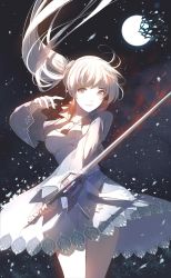 Rule 34 | 1girl, arm up, black sky, breasts, caidychen, cleavage, closed mouth, cowboy shot, earrings, full moon, glowing, glowing earrings, highres, holding, holding sword, holding weapon, jewelry, large breasts, left-handed, long hair, long sleeves, looking at viewer, moon, myrtenaster, necklace, night, night sky, purple hair, rwby, scar, scar across eye, scar on face, side ponytail, sky, smile, solo, standing, star (sky), starry sky, sword, very long hair, weapon, weiss schnee, white hair