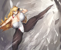 Rule 34 | 1girl, animal ears, azur lane, black gloves, blonde hair, blue eyes, bouncing breasts, breasts, collar, cross, cross necklace, curvy, detached collar, fake animal ears, gloves, groin, hair between eyes, high heels, huge breasts, jewelry, leg up, legs, leotard, long hair, melon22, necklace, north carolina (azur lane), pantyhose, playboy bunny, rabbit ears, solo, thick thighs, thighs, wrist cuffs