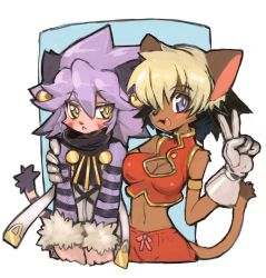 Rule 34 | 2girls, alicia priss, animal ears, armlet, bare arms, black hair, blonde hair, blue eyes, blush, breasts, cat ears, cat tail, cleavage, cleavage cutout, clothing cutout, dark-skinned female, dark skin, earrings, facial mark, fang, female focus, fur trim, gloves, hair between eyes, hand gesture, hand on another&#039;s shoulder, highres, jewelry, little tail bronx, midriff, multicolored hair, multiple girls, navel, simple background, solatorobo, tail, tail concerto, two-tone hair, v, white gloves