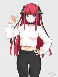 Rule 34 | 1girl, arm up, beige sweater, black choker, black legwear, black ribbon, blue eyes, blunt bangs, breasts, butterfly hair ornament, choker, claw pose, go-toubun no hanayome, grey background, hair ornament, hand on own hip, highres, hime cut, large breasts, long hair, looking at viewer, midriff, midriff peek, multicolored nails, nail polish, nakano nino, navel, oliver koito, pants, pink hair, ribbon, signature, simple background, sleeves past wrists, smile, thick thighs, thighs, twintails, yoga pants