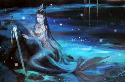 Rule 34 | 1girl, artist request, black hair, expressionless, fins, fish tail, full body, highres, jewelry, long hair, lu xueqi (zhu xian), mermaid, monster girl, night, night sky, pointy ears, reflection, rock, sky, snowing, solo, tail, third-party source, water, zhu xian