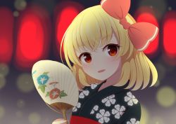 Rule 34 | 1girl, belt, black dress, black kimono, blonde hair, bow, crossed bangs, dress, floral print, flower, hair between eyes, hair bow, hand fan, hand up, japanese clothes, kimono, light, long sleeves, night, night sky, open mouth, red belt, red bow, red eyes, rumia, shadow, short hair, sky, smile, solo, takapi 3, touhou, white flower