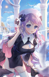 Rule 34 | 1girl, absurdres, adjusting hair, anchor, azur lane, bird, bow, braid, breasts, cleavage, cleavage cutout, clothing cutout, covered erect nipples, day, garter straps, hair bow, highres, leaning forward, long hair, looking at viewer, maccha (mochancc), medium breasts, nun, outdoors, purple eyes, purple hair, rei no himo, robe, smile, solo, sun, thighhighs, very long hair, vestal (azur lane), white thighhighs